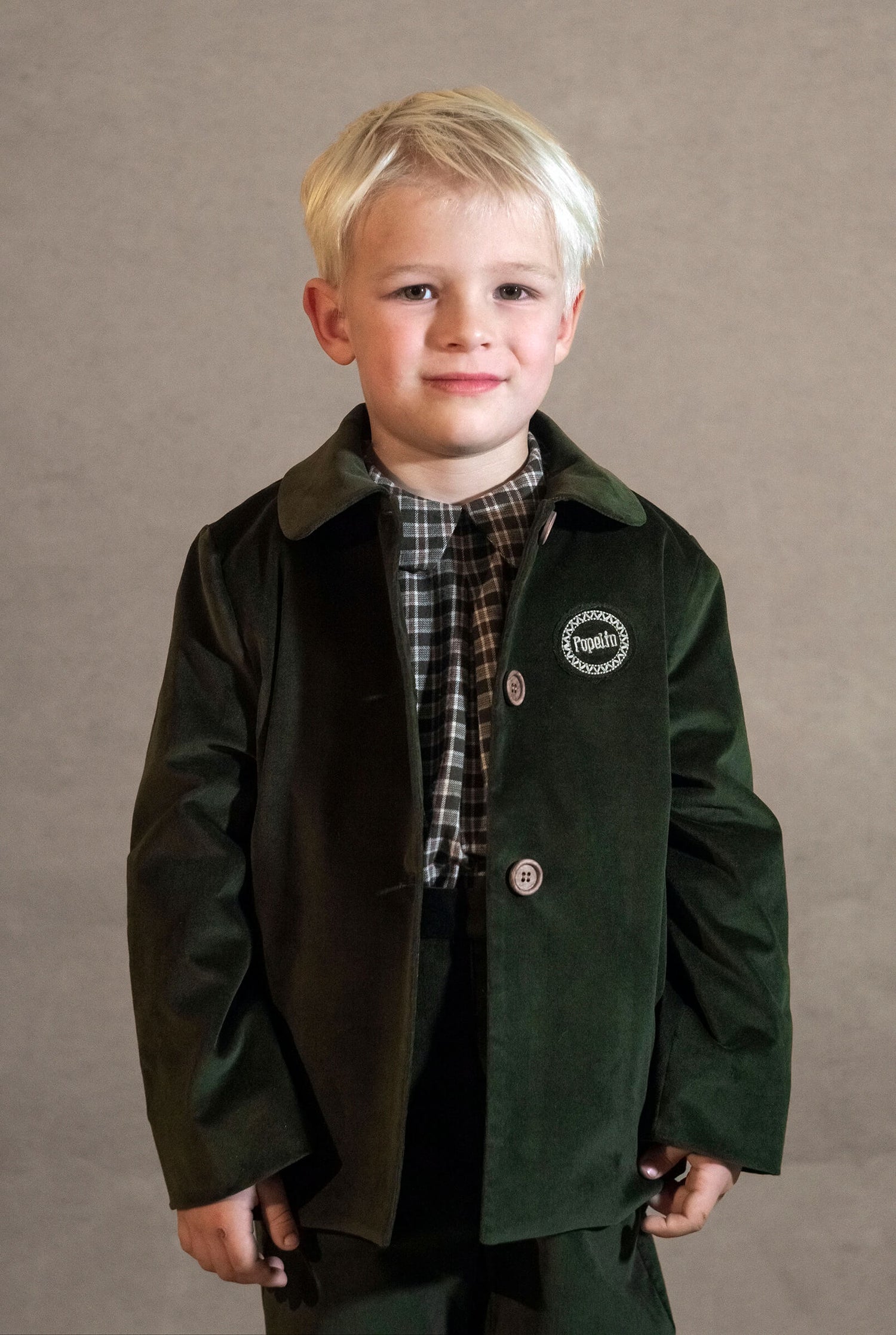 Popelin Boys Moss Green Velvet Coat with Collar