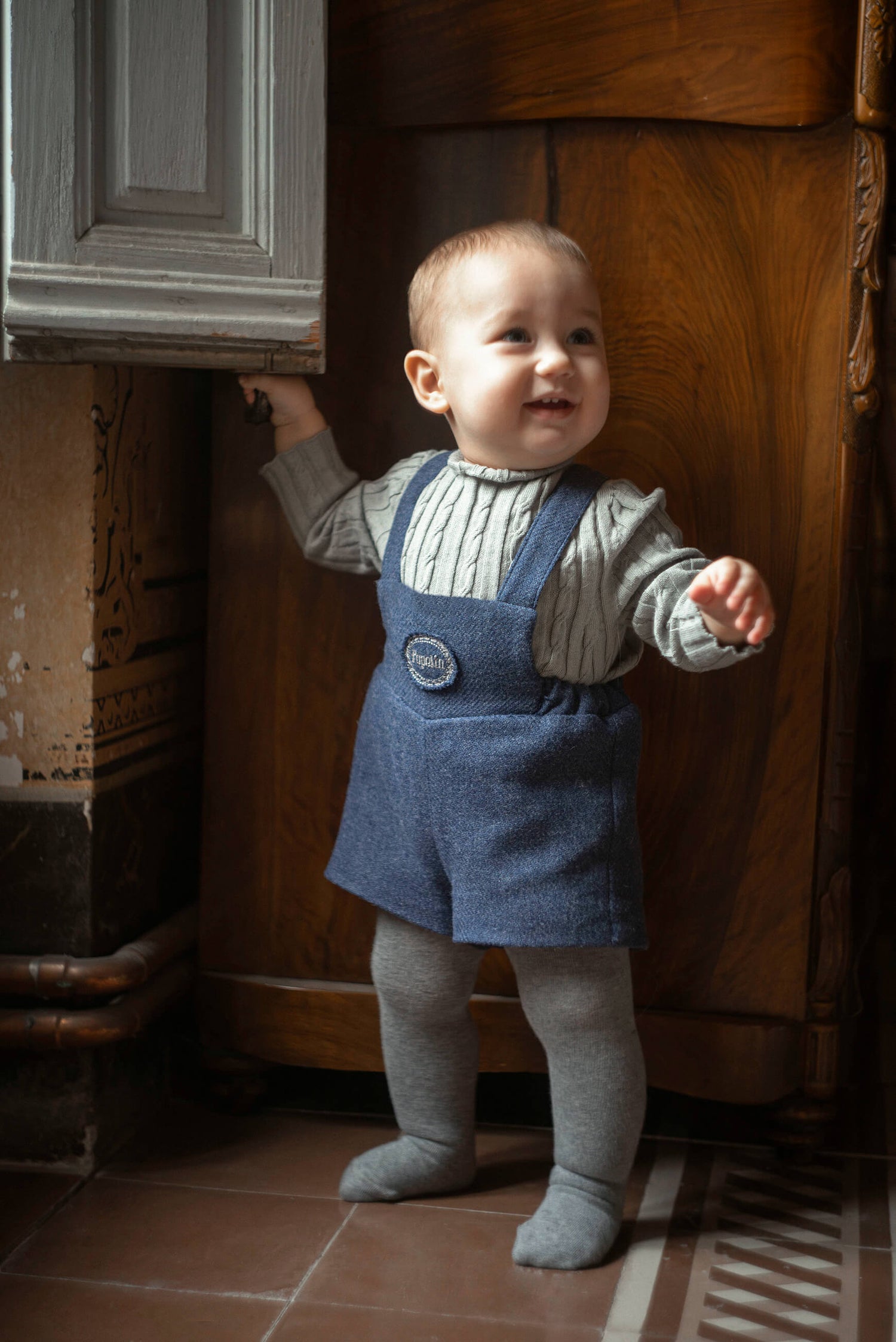 Popelin Baby Blue Woollen Short Dungarees With Embroidery Appliqué