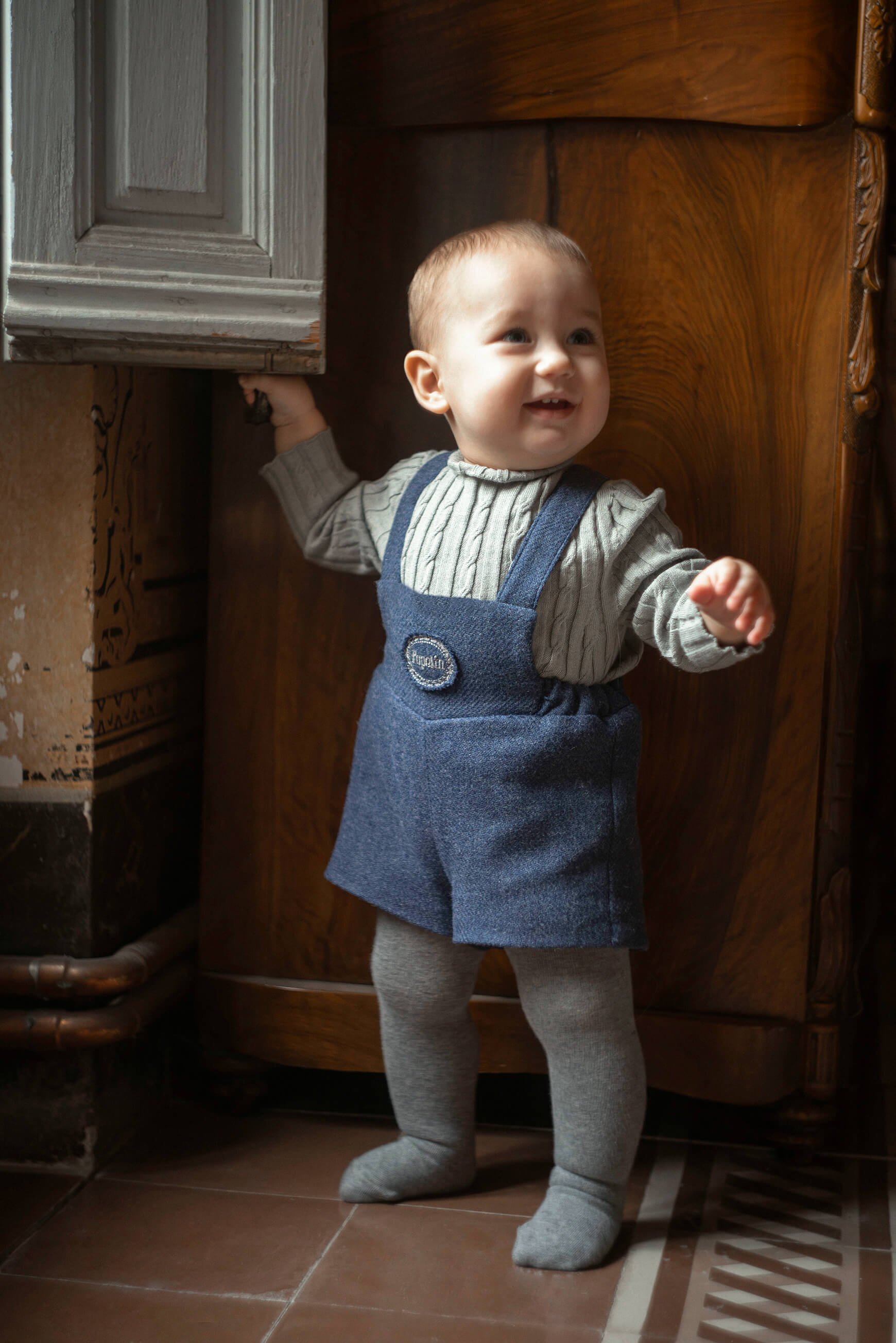 Popelin Baby Blue Woollen Short Dungarees With Embroidery Appliqué