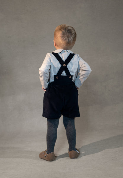 Popelin Baby Black Velvet Short Dungarees With Embroidery Appliqué