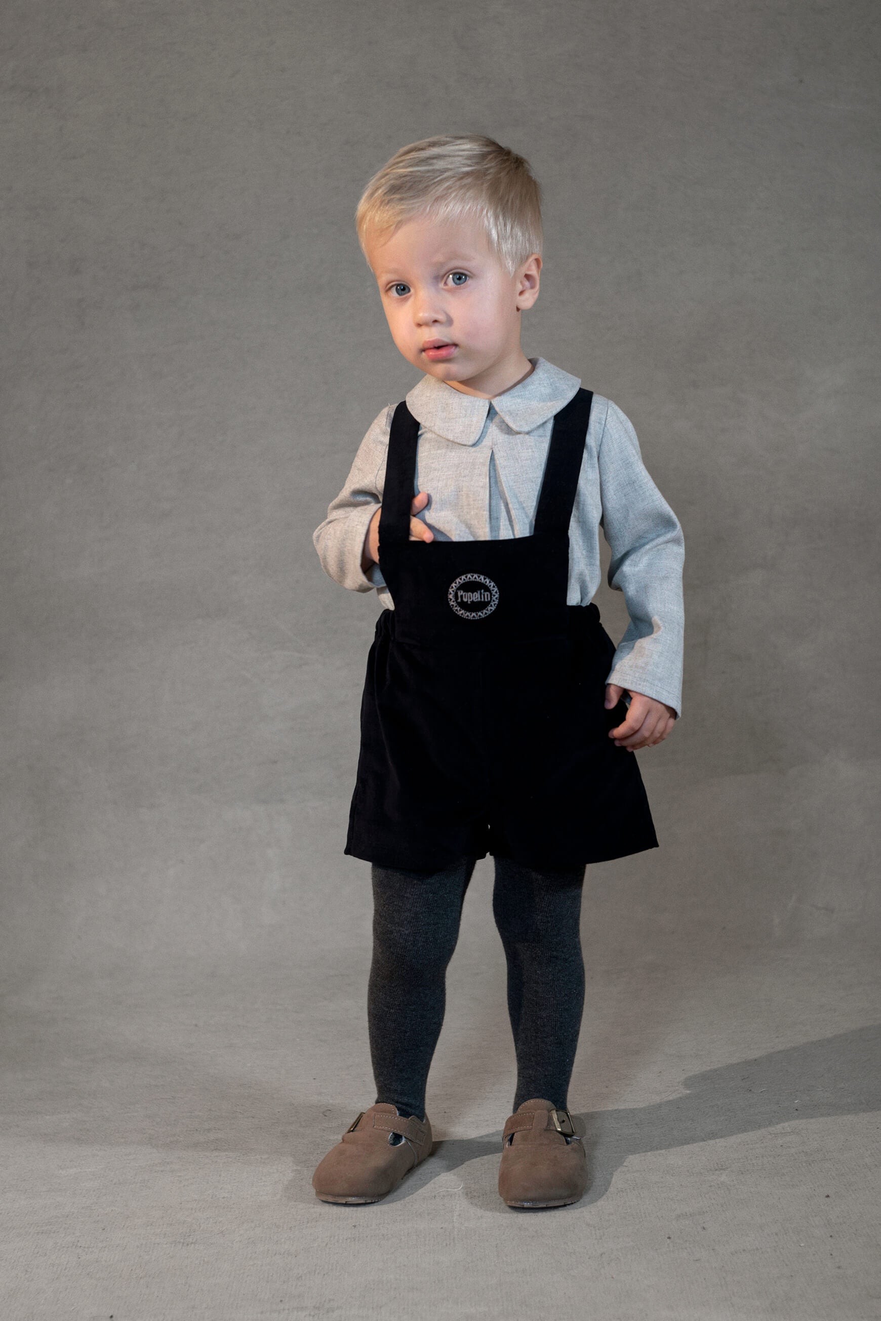 Popelin Baby Black Velvet Short Dungarees With Embroidery Appliqué