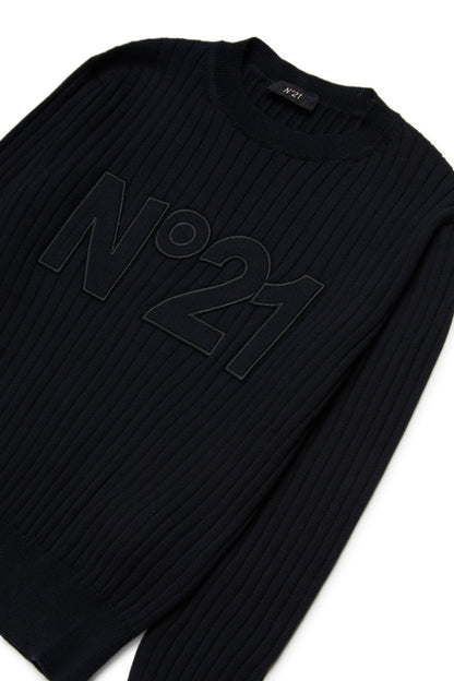 No21 Black Rib Knit Sweater with Tone on Tone Logo