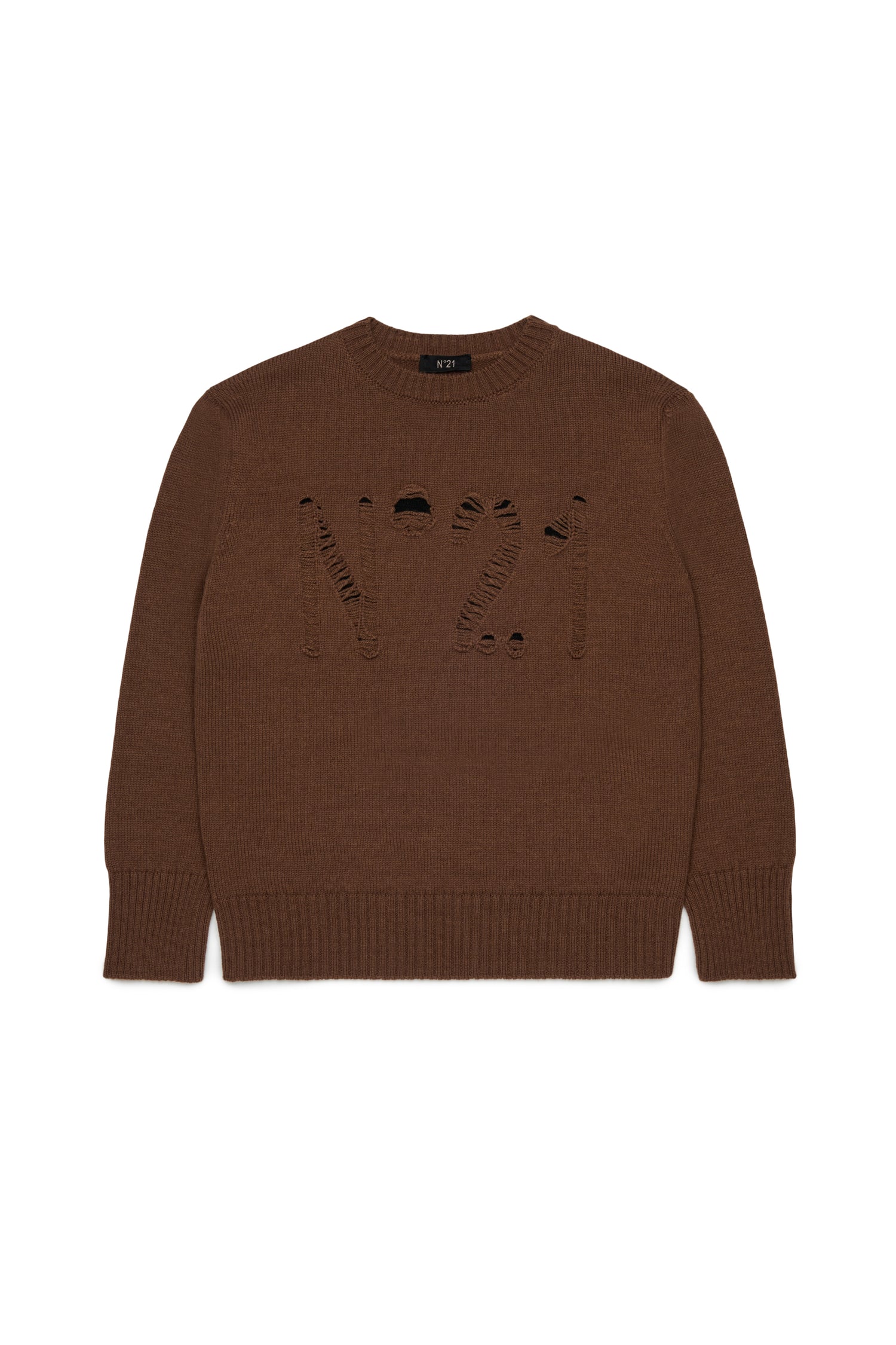 Nº21 Girls Brown Wool Blend Distressed Logo Sweater