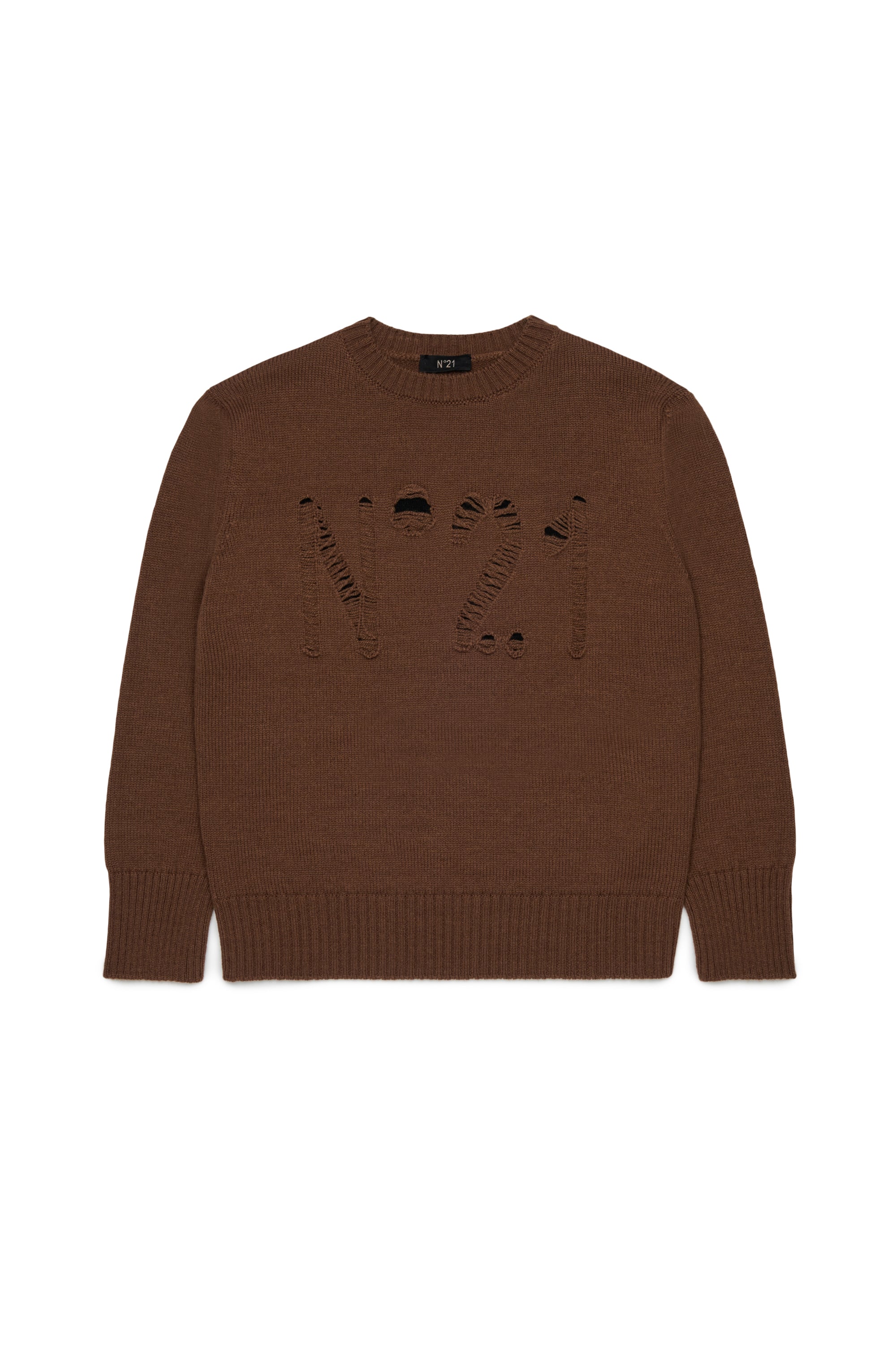 Nº21 Girls Brown Wool Blend Distressed Logo Sweater