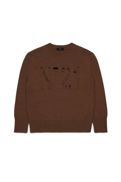 Nº21 Girls Brown Wool Blend Distressed Logo Sweater