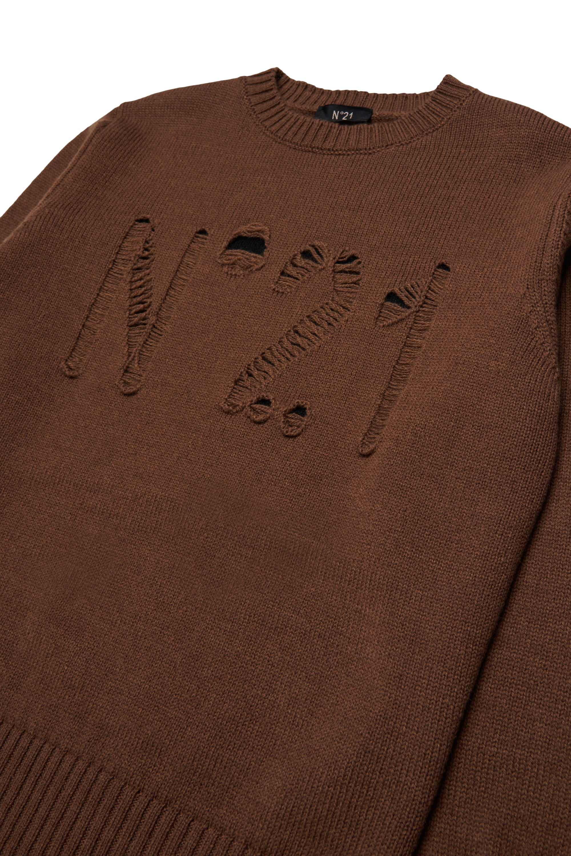 Nº21 Girls Brown Wool Blend Distressed Logo Sweater