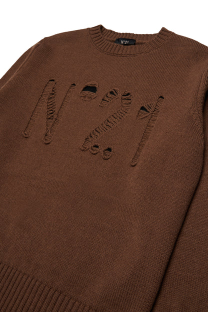 Nº21 Girls Brown Wool Blend Distressed Logo Sweater