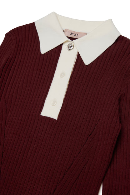Nº21 Girls Maroon Long Sleeve Rib Knit Polo