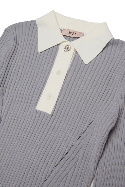 Nº21 Girls Grey Long Sleeve Rib Knit Polo