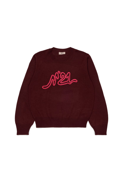 N21 Girls Maroon Knit Embroidered Contrast Logo Sweater