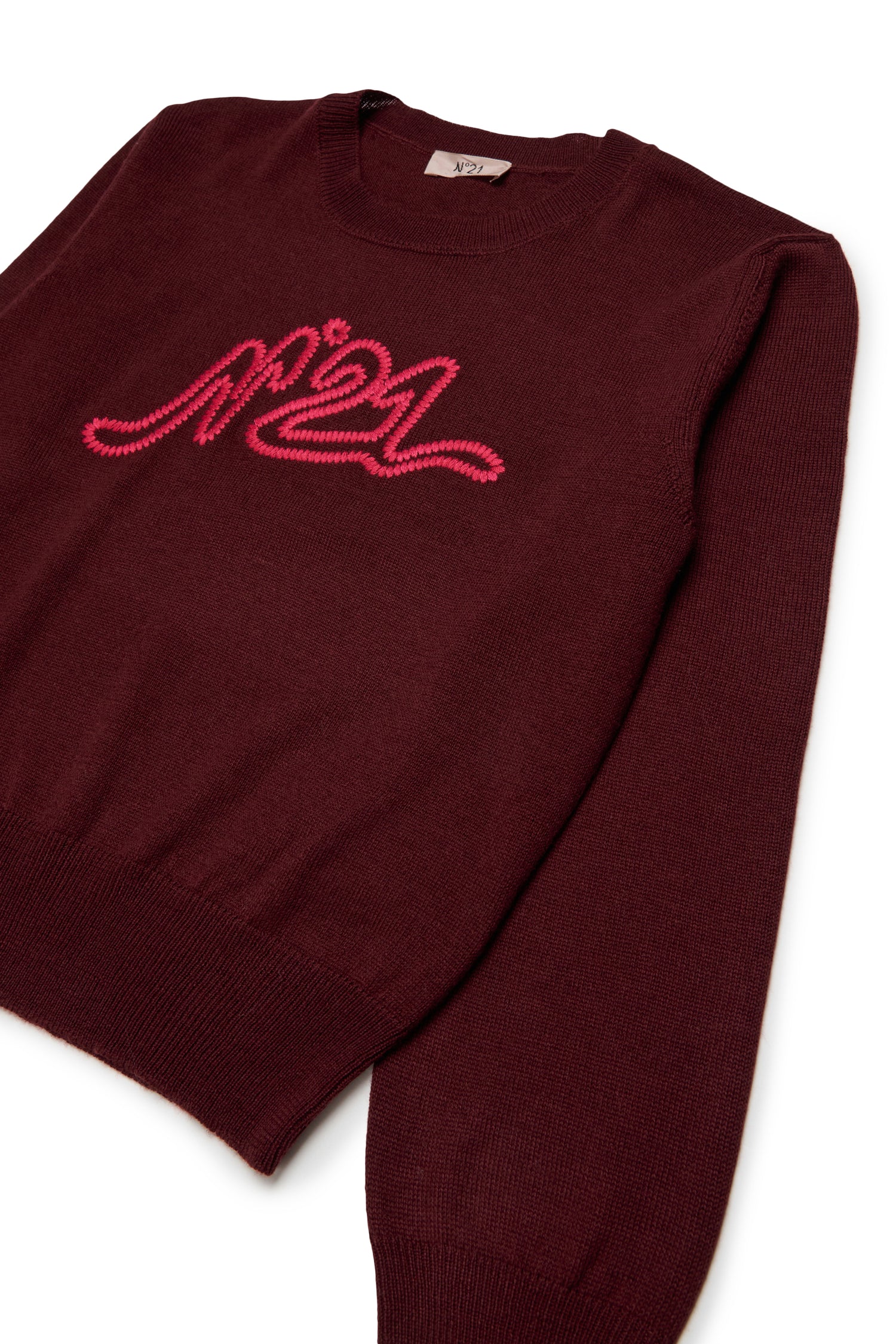 N21 Girls Maroon Knit Embroidered Contrast Logo Sweater