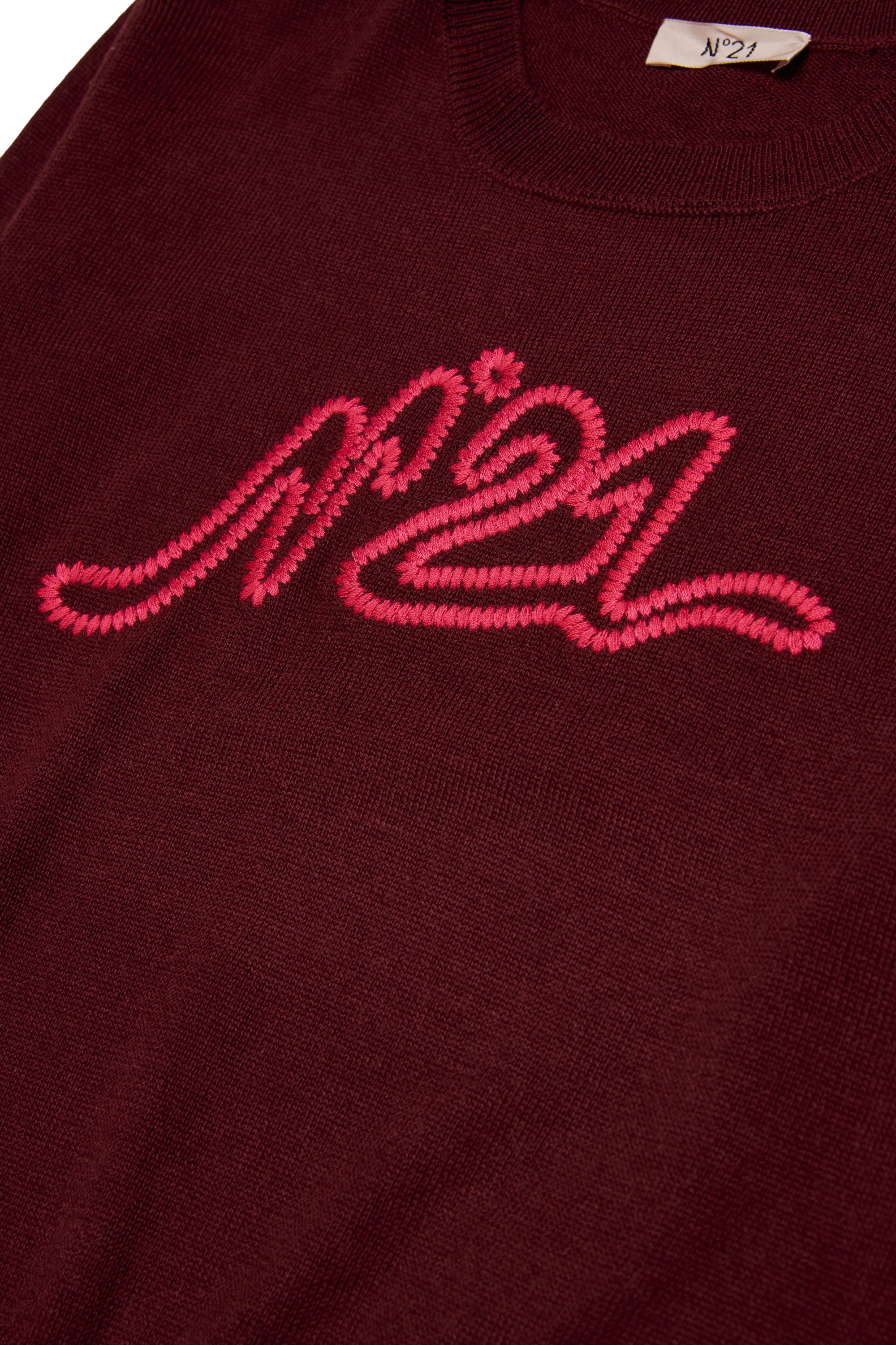 N21 Girls Maroon Knit Embroidered Contrast Logo Sweater