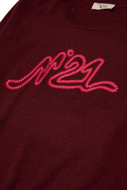 N21 Girls Maroon Knit Embroidered Contrast Logo Sweater