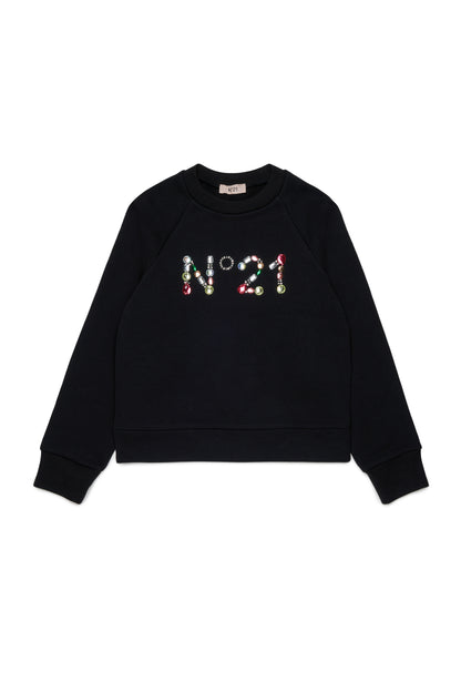 Nº21 Girls Black Logo In Multicolored Stones Sweatshirt