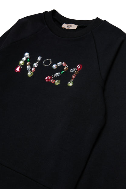 Nº21 Girls Black Logo In Multicolored Stones Sweatshirt