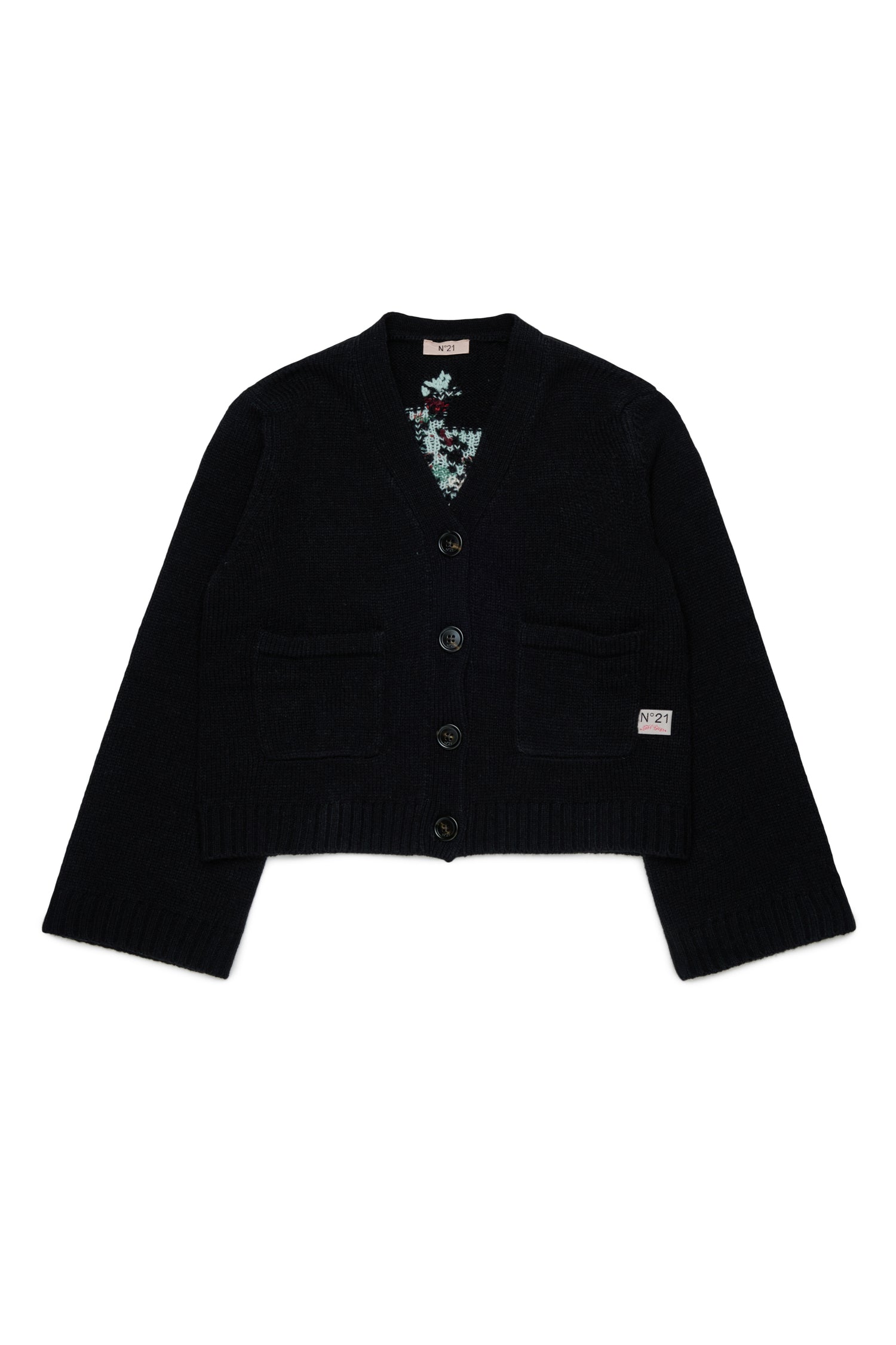Nº21 Girls Black Knit Jacquard Flower Cardigan