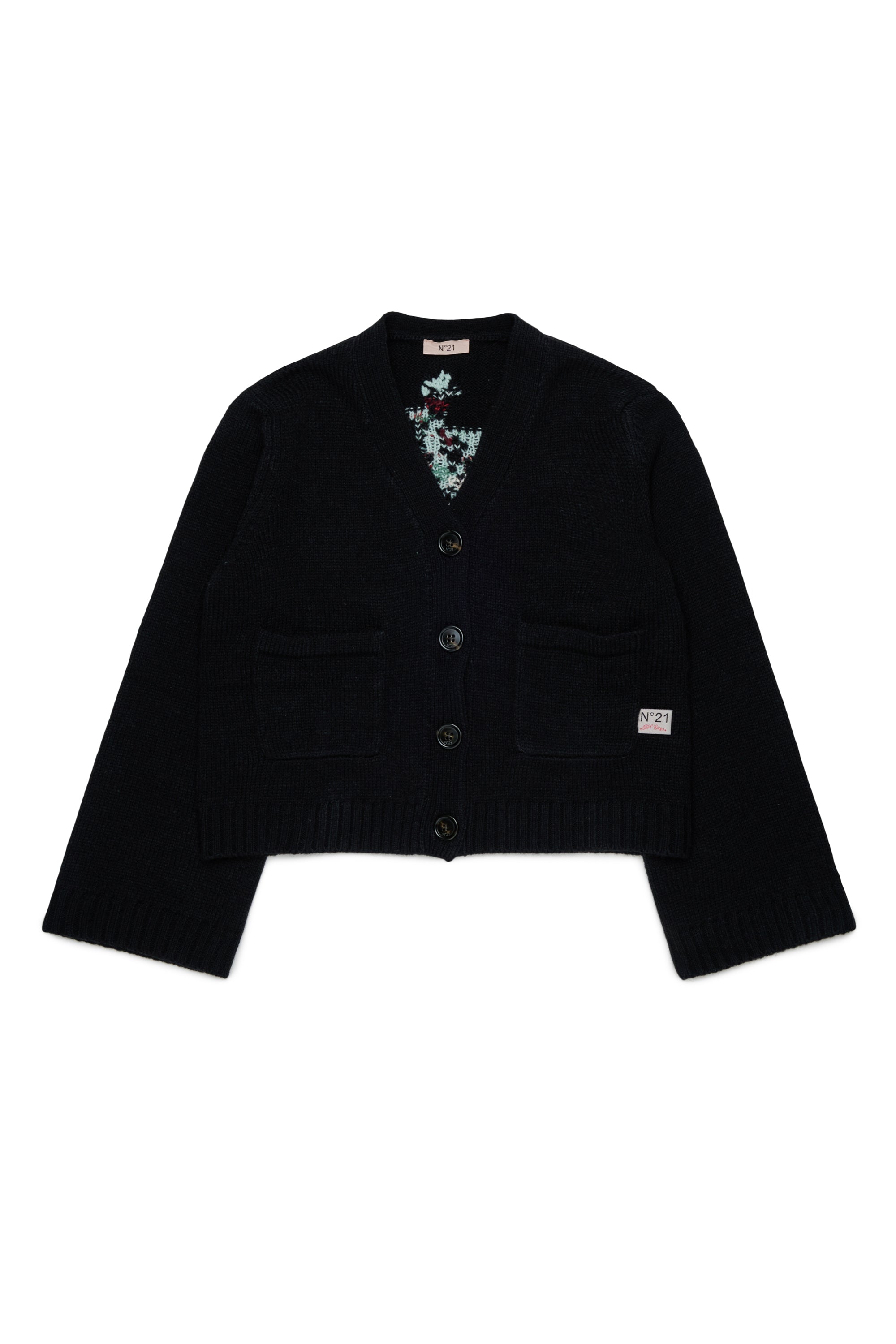 Nº21 Girls Black Knit Jacquard Flower Cardigan