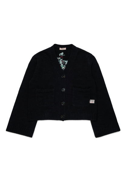 Nº21 Girls Black Knit Jacquard Flower Cardigan