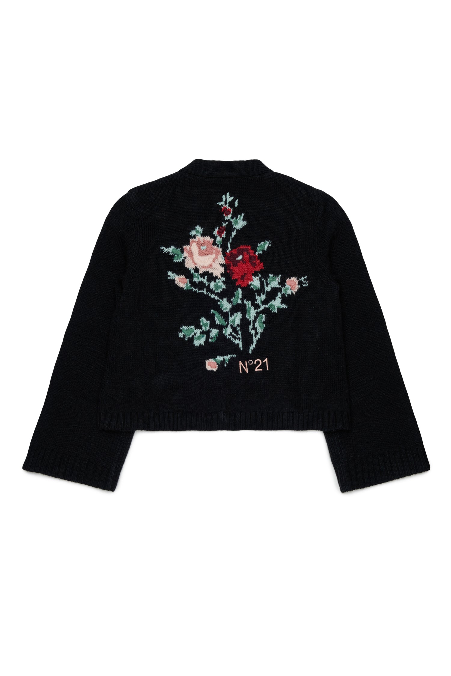 Nº21 Girls Black Knit Jacquard Flower Cardigan