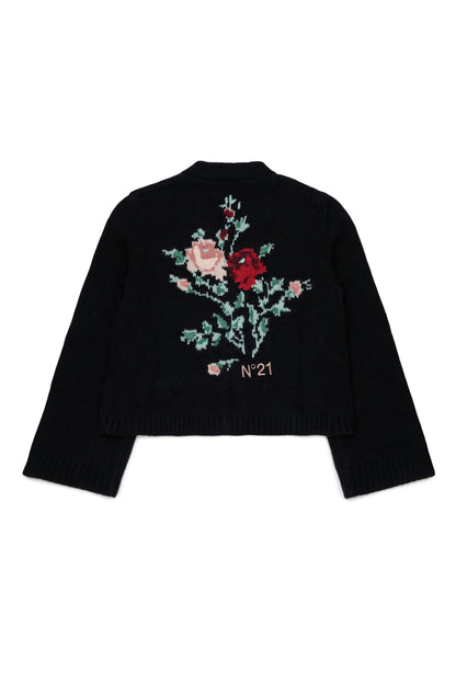 Nº21 Girls Black Knit Jacquard Flower Cardigan