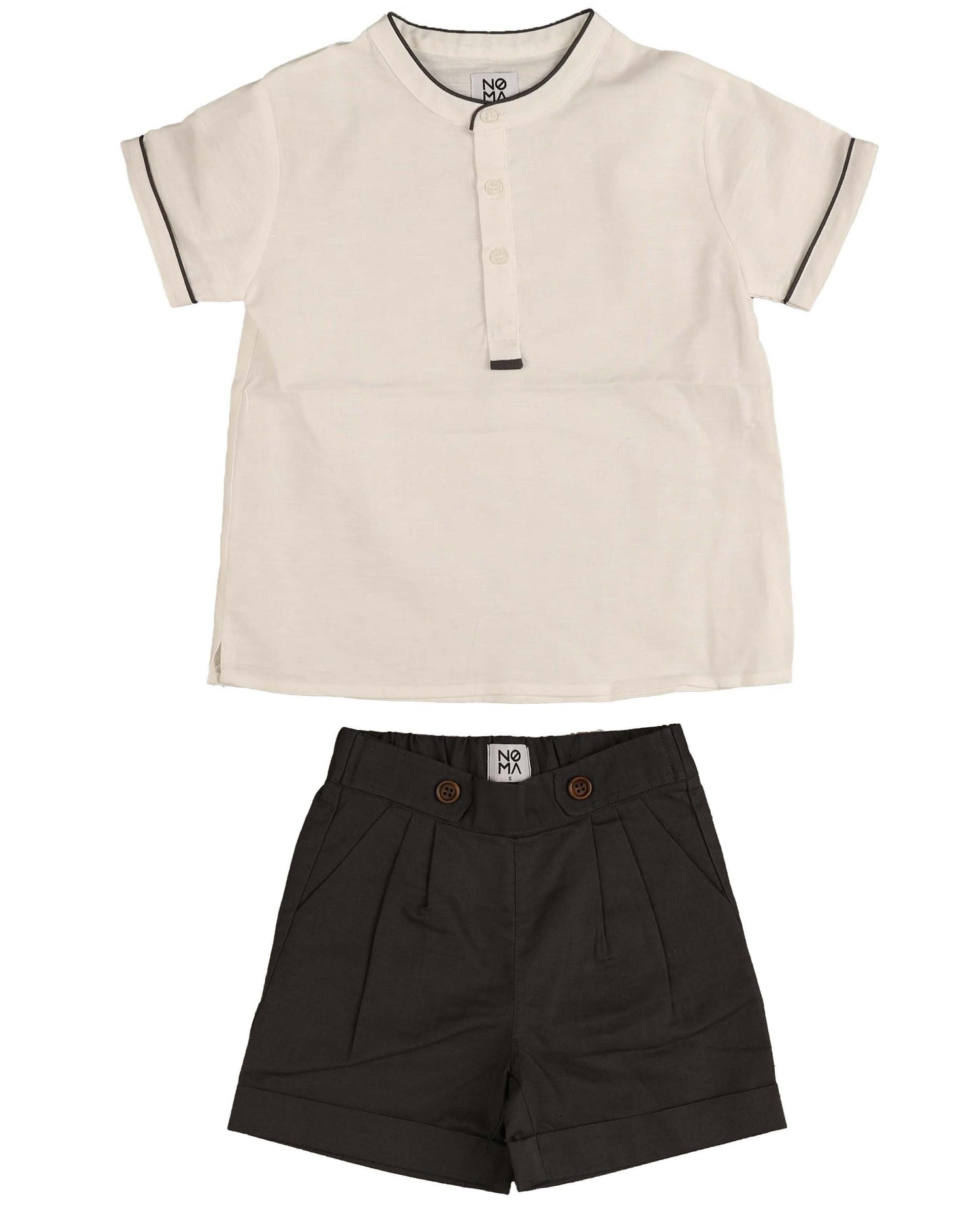 Noma Contrast Binding Mandarin Collar and Placket Shirt and Shorts Set Navy-White