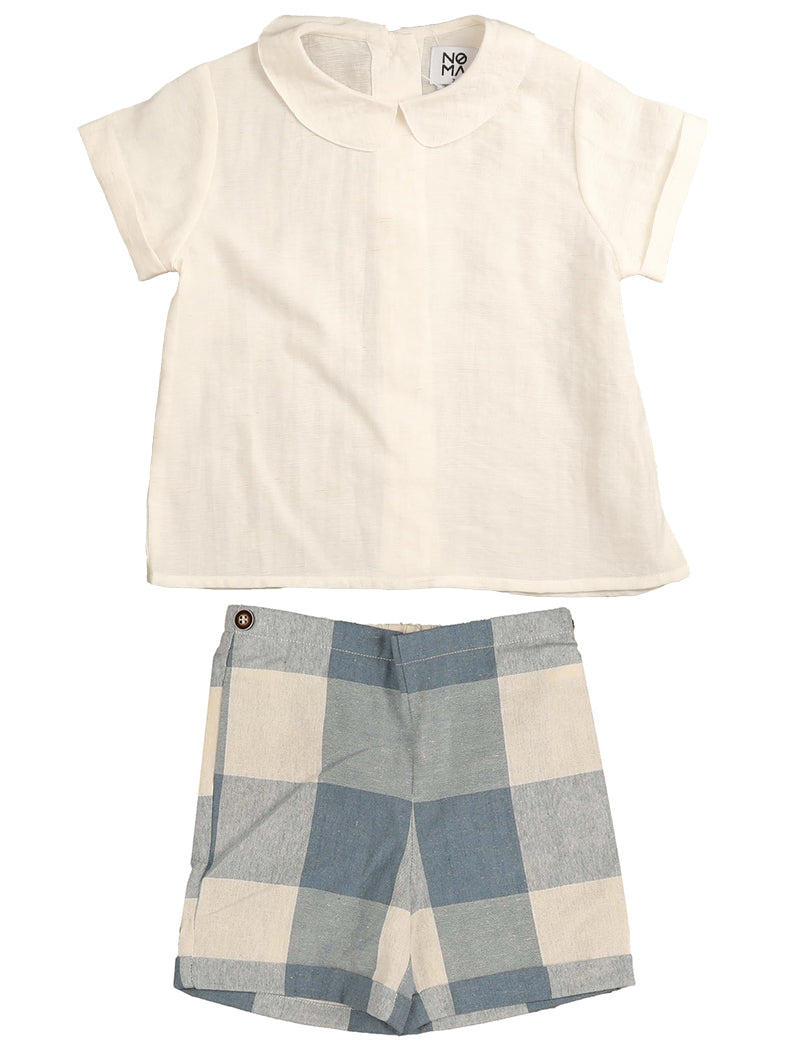 Noma Contrast Color Collar Shirt and Shorts Set Light Blue