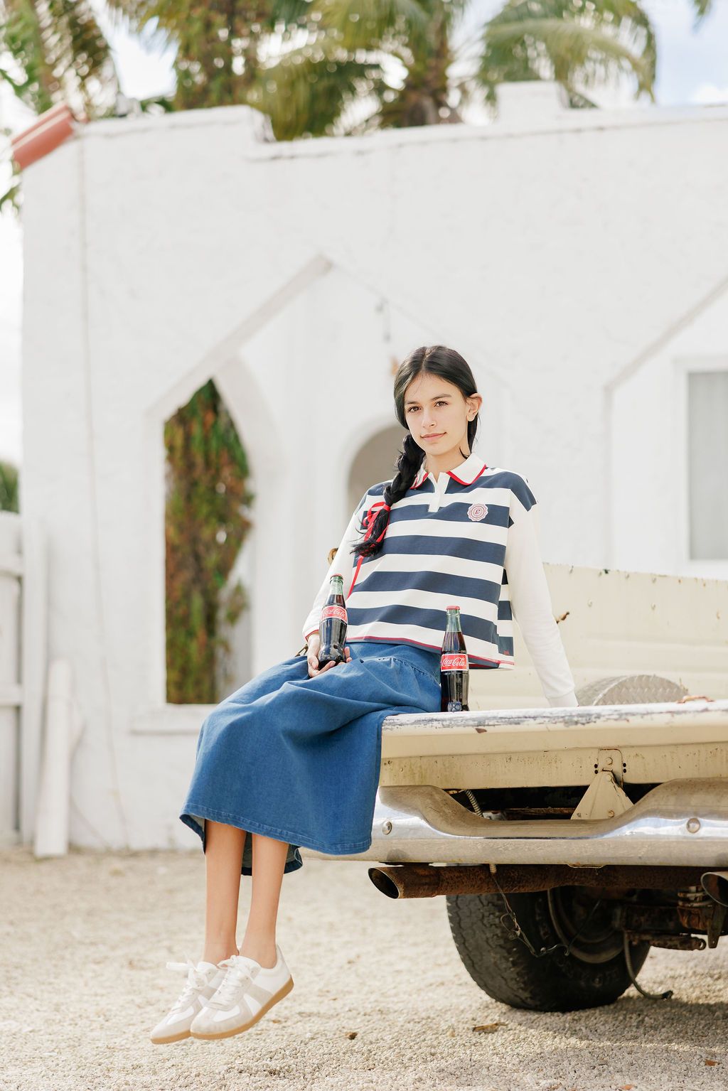 Eleve Navy Stripe Cropped Polo with Cherry Trim