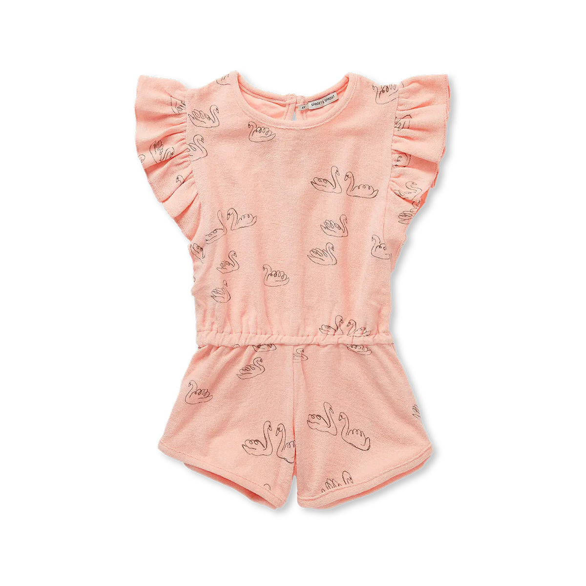 Sproet and Sprout Blush Link Ruffle Jumpsuit Swan Print