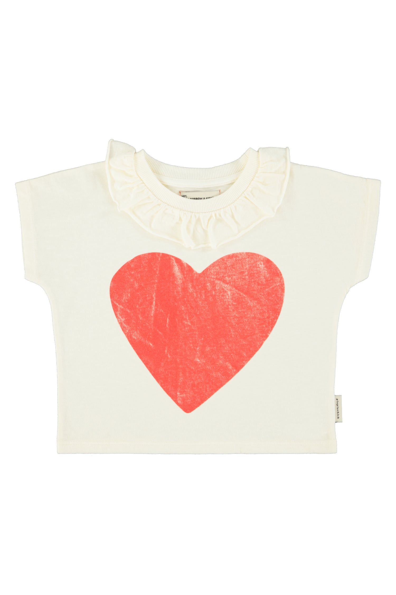 Piupiuchick Girls T-Shirt with Collar Ecru with Red Heart Print
