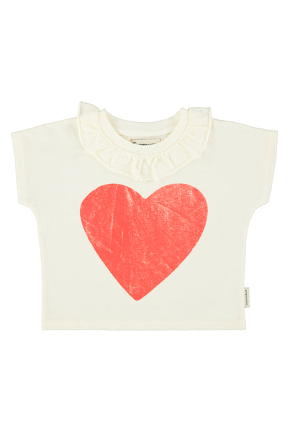 Piupiuchick Girls T-Shirt with Collar Ecru with Red Heart Print