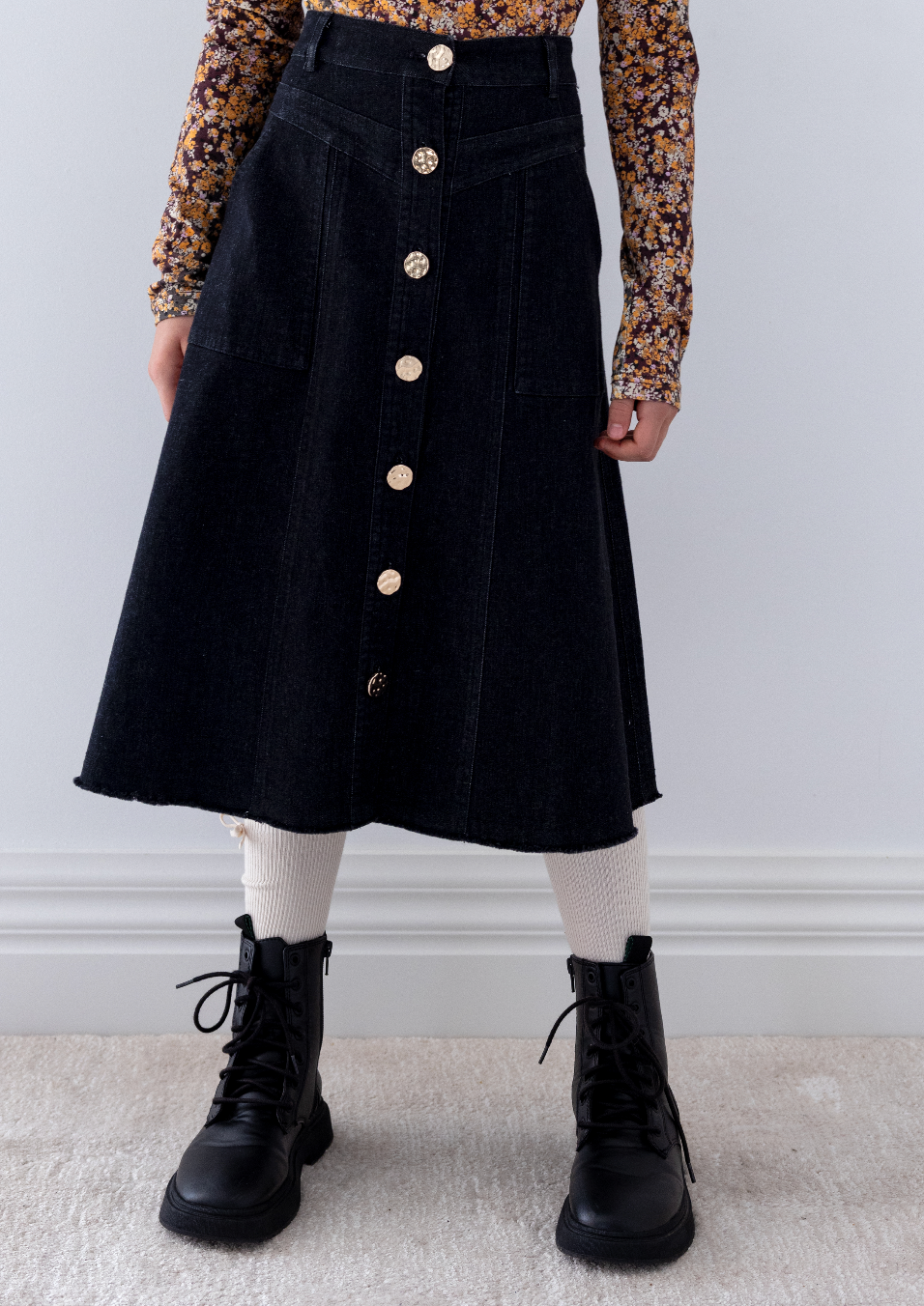 Steph The Label Black Wash Denim Button Through Skirt