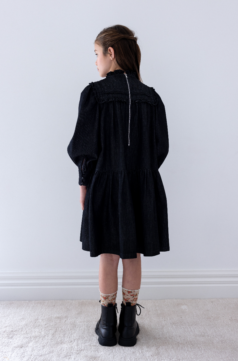 Steph The Label  Black Wash Chambray Frill Yoke Dress