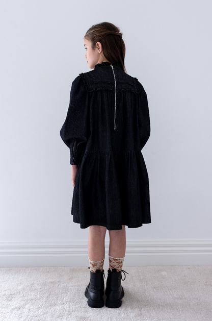 Steph The Label  Black Wash Chambray Frill Yoke Dress