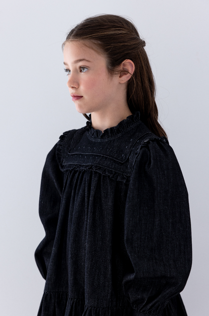 Steph The Label  Black Wash Chambray Frill Yoke Dress