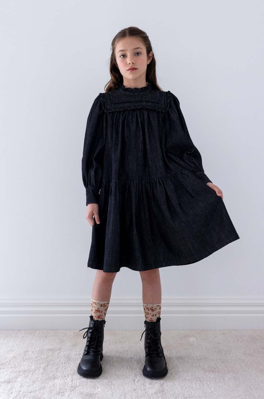 Steph The Label  Black Wash Chambray Frill Yoke Dress