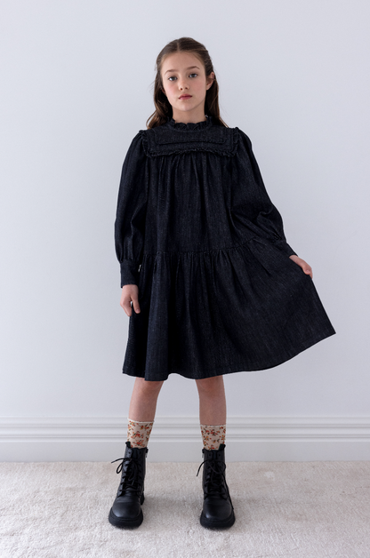 Steph The Label  Black Wash Chambray Frill Yoke Dress