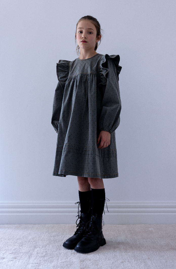 Steph The Label Girls Grey Spot Chambray Dress