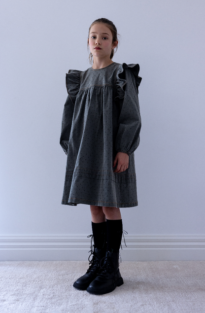Steph The Label Girls Grey Spot Chambray Dress