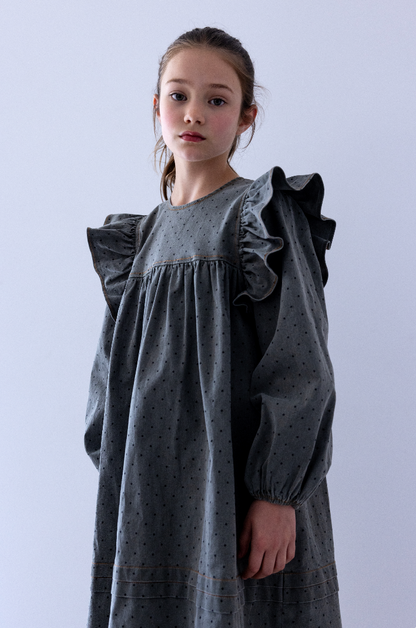 Steph The Label Girls Grey Spot Chambray Dress