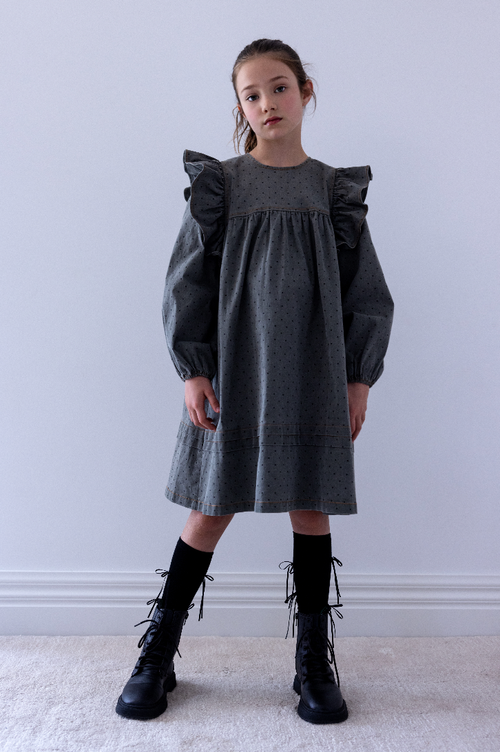 Steph The Label Girls Grey Spot Chambray Dress