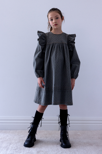 Steph The Label Girls Grey Spot Chambray Dress