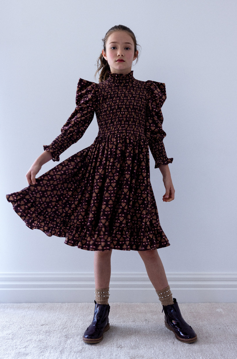 Steph The Label Wallpaper Printed Cord Shirred Bodice Dress