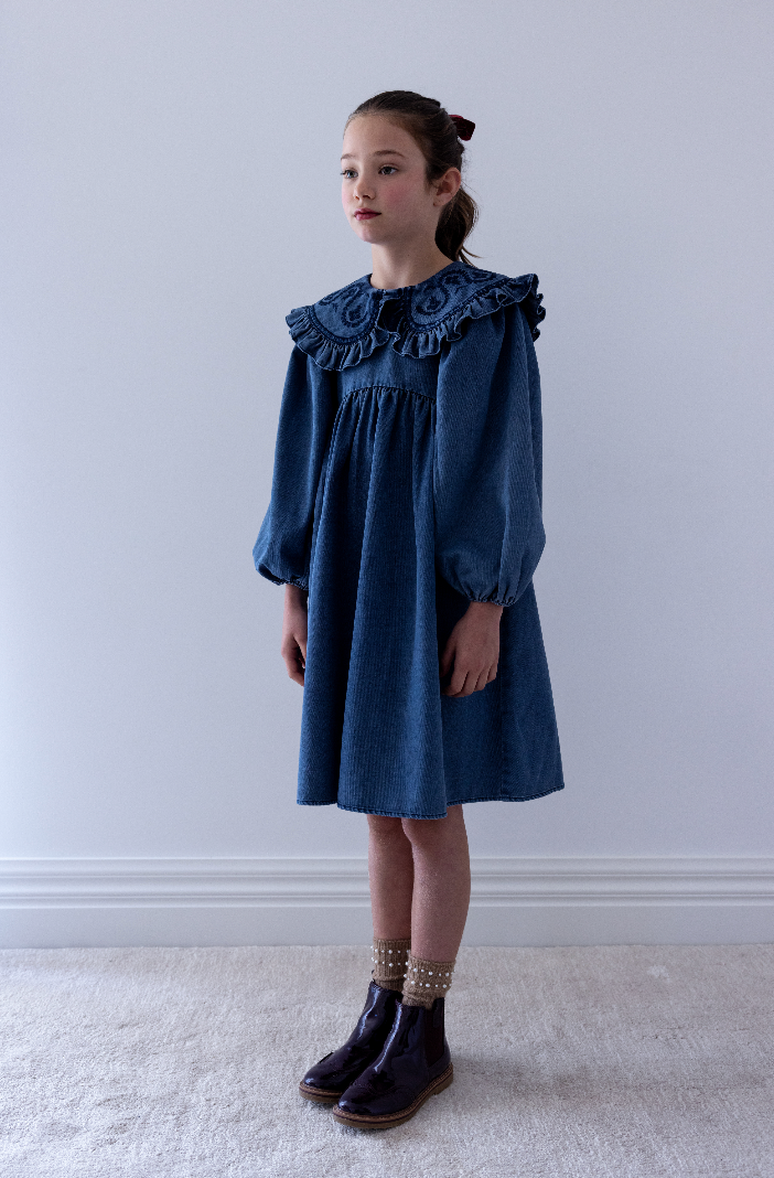 Steph The Label Girls Vintage Blue Wash Chambray Embroidered Collar Dress