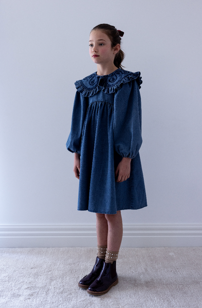Steph The Label Girls Vintage Blue Wash Chambray Embroidered Collar Dress