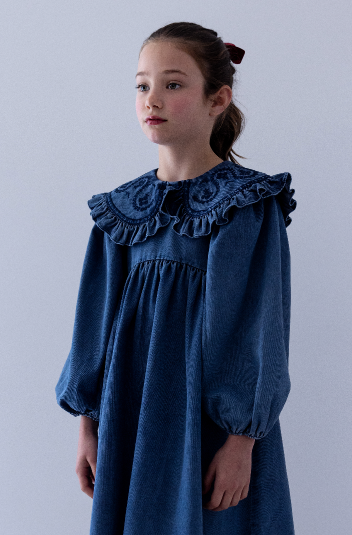 Steph The Label Girls Vintage Blue Wash Chambray Embroidered Collar Dress