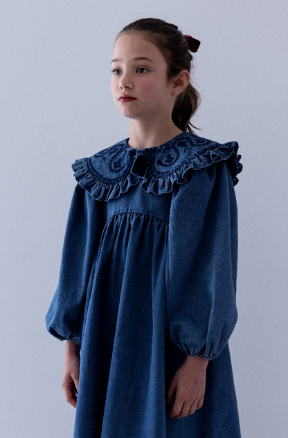 Steph The Label Girls Vintage Blue Wash Chambray Embroidered Collar Dress