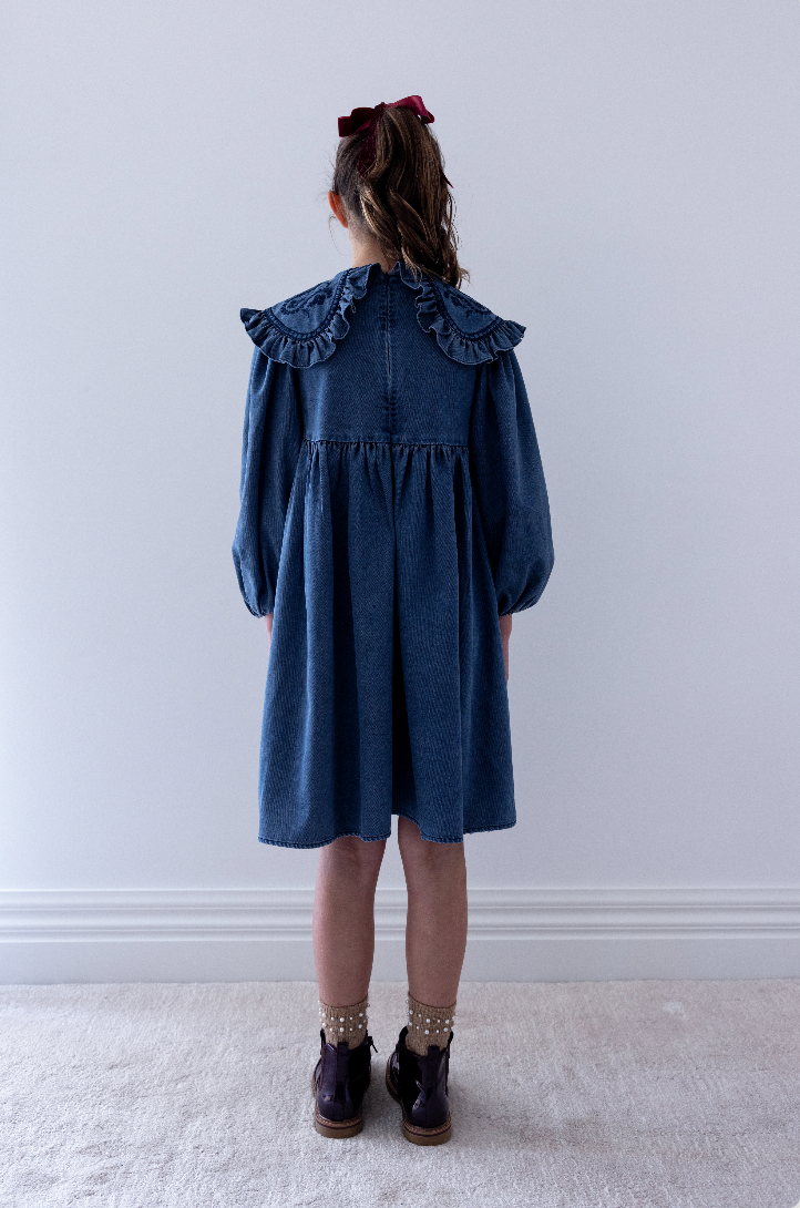 Steph The Label Girls Vintage Blue Wash Chambray Embroidered Collar Dress