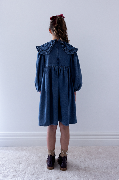 Steph The Label Girls Vintage Blue Wash Chambray Embroidered Collar Dress
