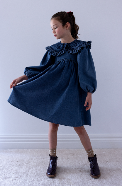 Steph The Label Girls Vintage Blue Wash Chambray Embroidered Collar Dress
