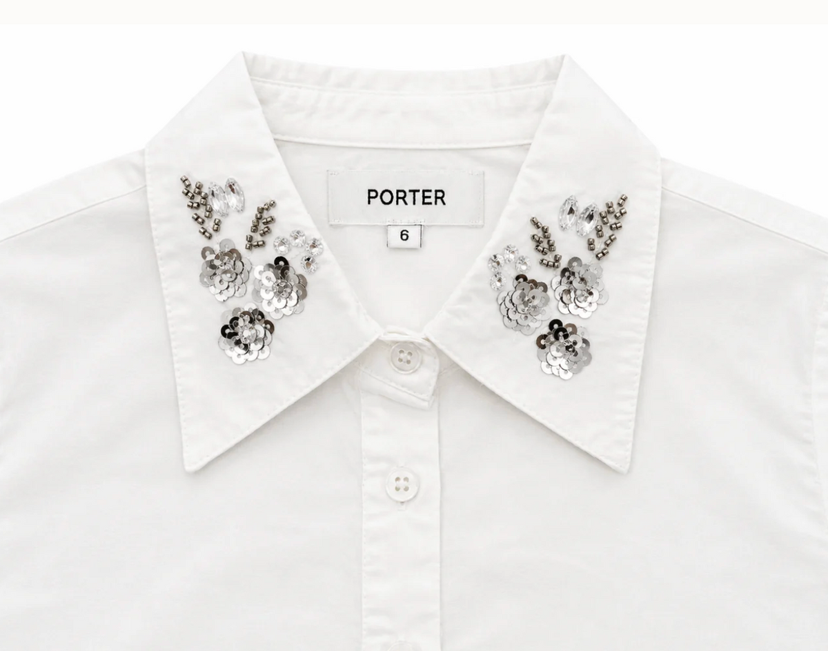 Porter White Button Down Sequin Collar Design Top